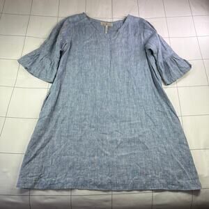 Crown Linen Designs Dress Womens Medium Blue Linen Shift Ruffle Sleeve Relaxed